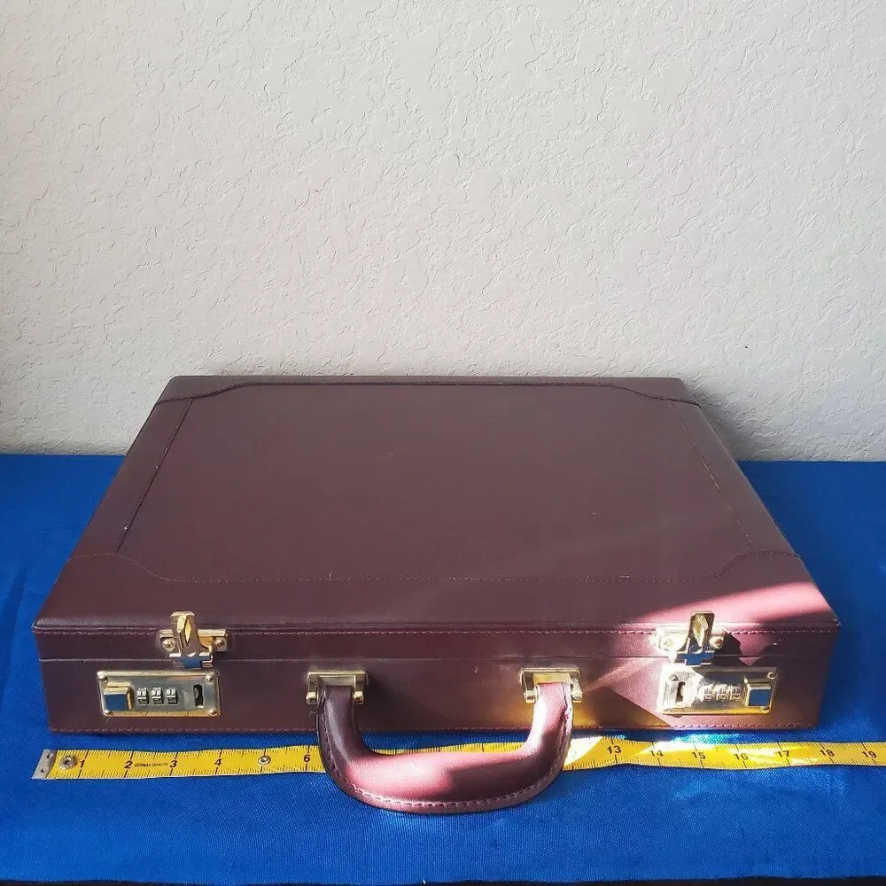 VTG Burgundy Leather Briefcase Hard Attache Case Brass Dual Combination Lock